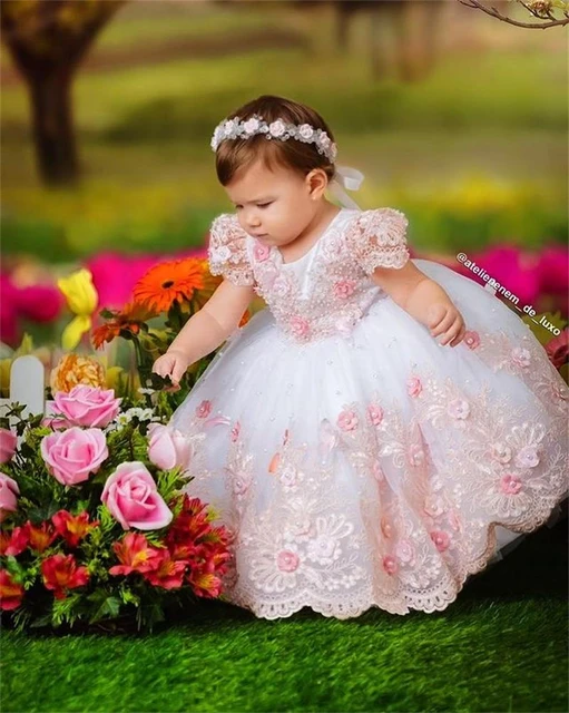 Vestido Bebê Rosa Pérolas Princesa Menina Bonita, Casamento