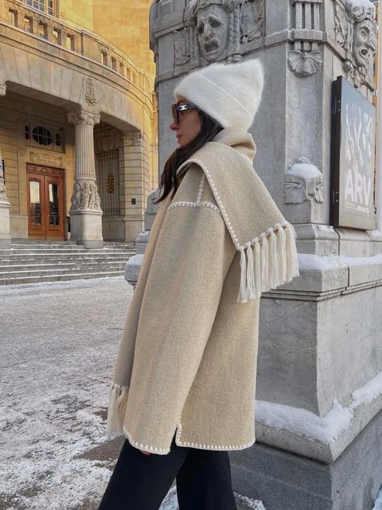 Elegant Loose Coat With Scarf Women Fashion Long Sleeve Pocket Single  Breasted Jacket Female 2023 Autumn Winter Lady Streetweear