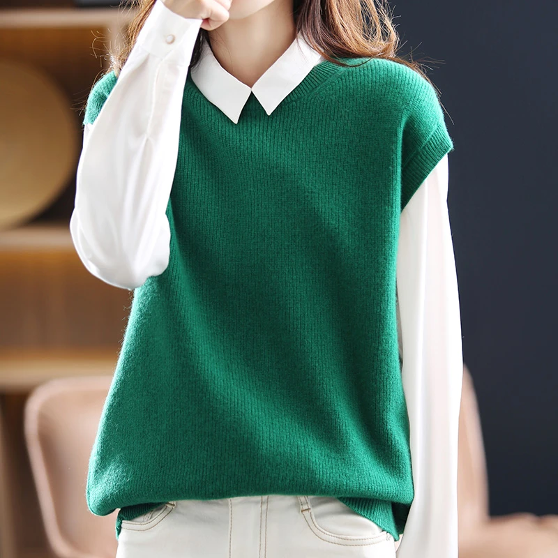 Fashion Casual Spring Autumn 100% Wool Sweater Knitted O-neck Sleeveless Pullover Vest Loose Cashmere Sweater Tops brown sweater