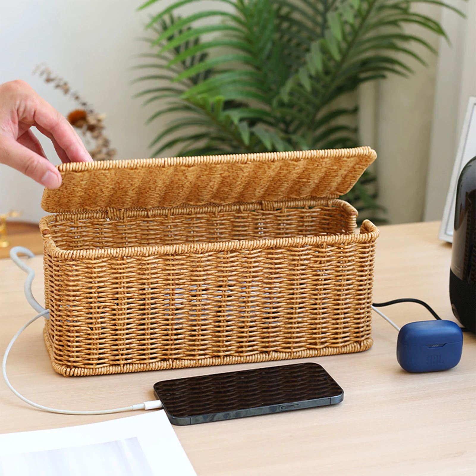 Hand-Woven Charging Station Storage Box Cable Management Basket for USB Cables Data Cables Organizer 6