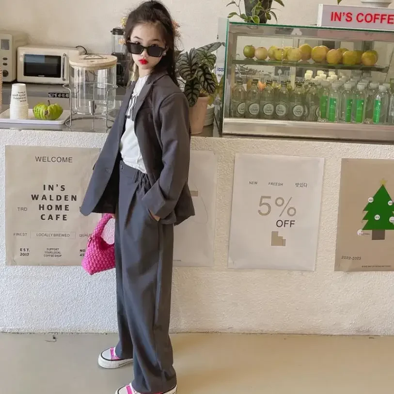 한국 스타일 블레이저 + 바지 2cps 세트 그레이 오버 사이즈 코트 바지 정장 십대 의류 어린이 봄 가을 새로운 세트