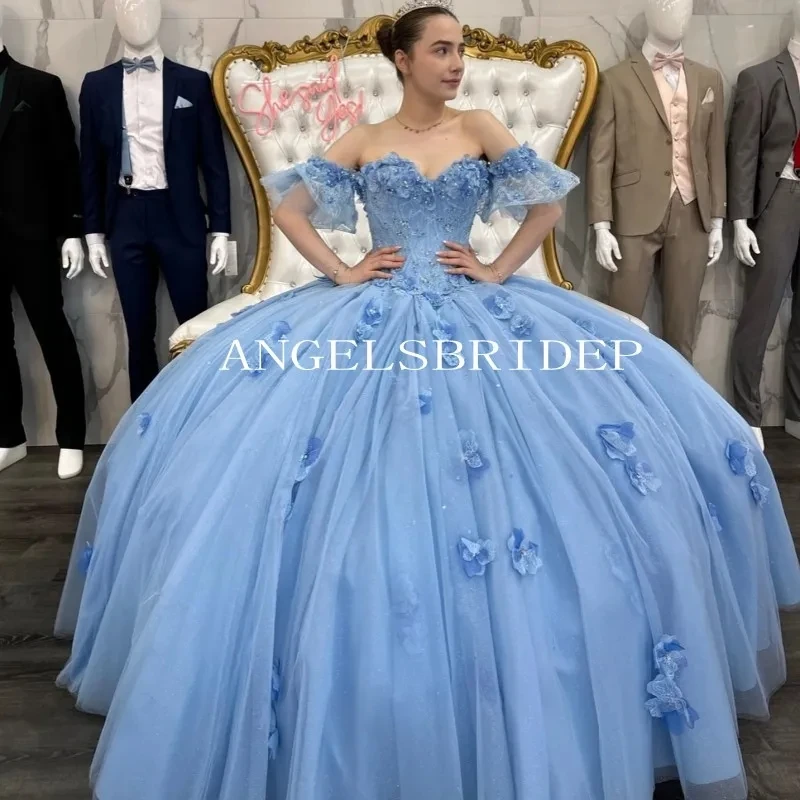 

Angelsbridep Light Blue Beading Princess Ball Gown 15 Year Old Girls Quinceanera Dresses 3D Flowers Vestidos De 15 Años