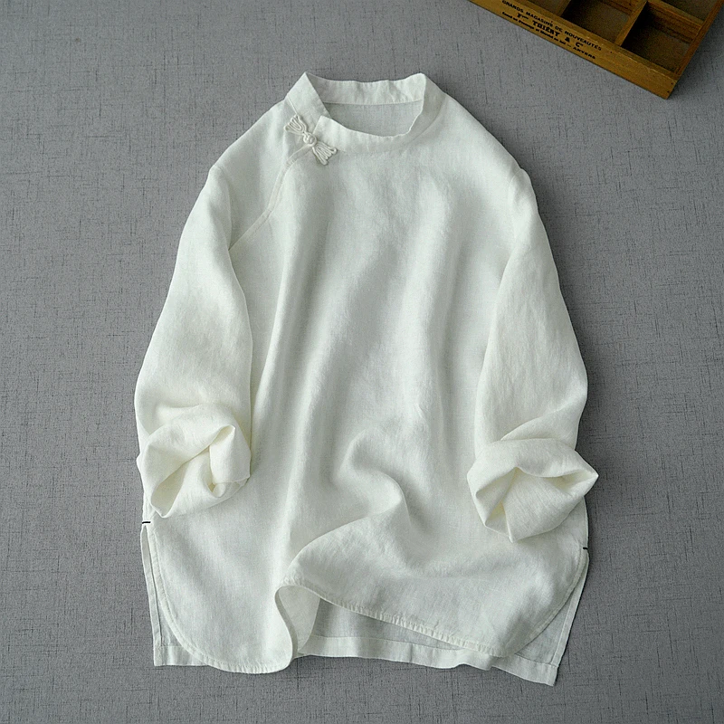 

Рубашка/блузка женская свободная, белая комфортная льняная блузка в китайском стиле, с эффектом потертости, обхват груди 108 см, длина 65 см, весна-лето