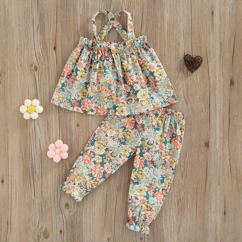 1-5years Toddler Girls Summer Outfit Sets Sleeveless Backless Camisole + Elastic Band Floral Pants Girls Casual 2pcs Suits