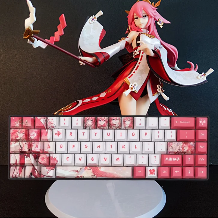 

Genshin Impact Yae Miko Keycap PBT 132pcs Cherry Profile Pink White Keycaps Personality Mechanical Keyboard Dye Sub