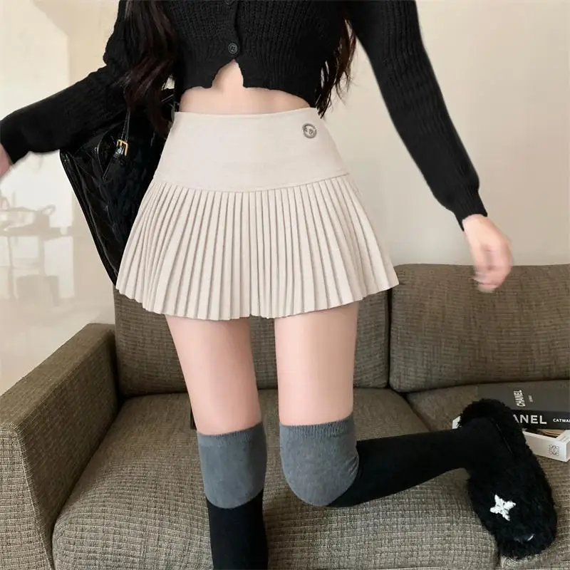

Short Skirt Women's Woolen Pleated Autumn Winter American Korea Style Cheerleading Girl Straight A-line High Waist Mini Skirt
