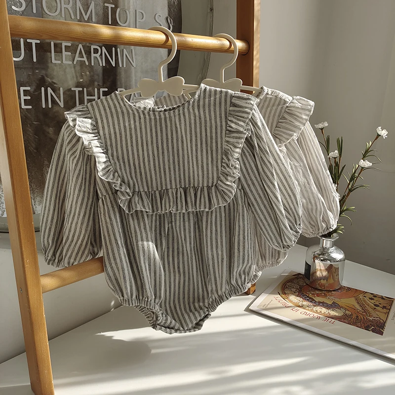 

Autumn Kids Sister Outfit Clothes Cotton Infant Shirt Children Baby Girl Lotus Leaf Collar Striped Long Sleeve Romper Blouse Top