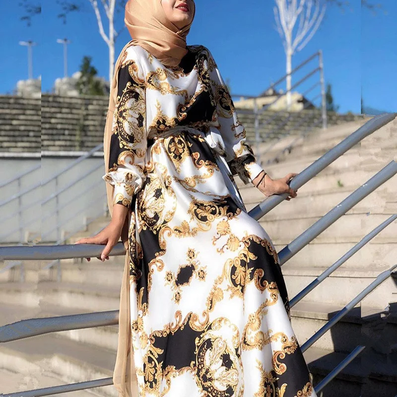 Middle East Fashion Slim Dresses For Women Autumn Print Long-Sleeved Lace-up Female Clothing Dubai Turkey Elegant Casual Dress