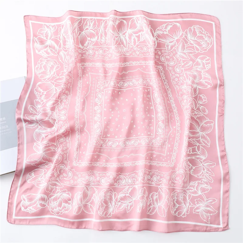 Girl Silk Scarf Luxury Women Hair Scarves 70*70cm Square Design Pink Flower Headscarf Summer Shawl Hijab Paisley Wrap Headband 2