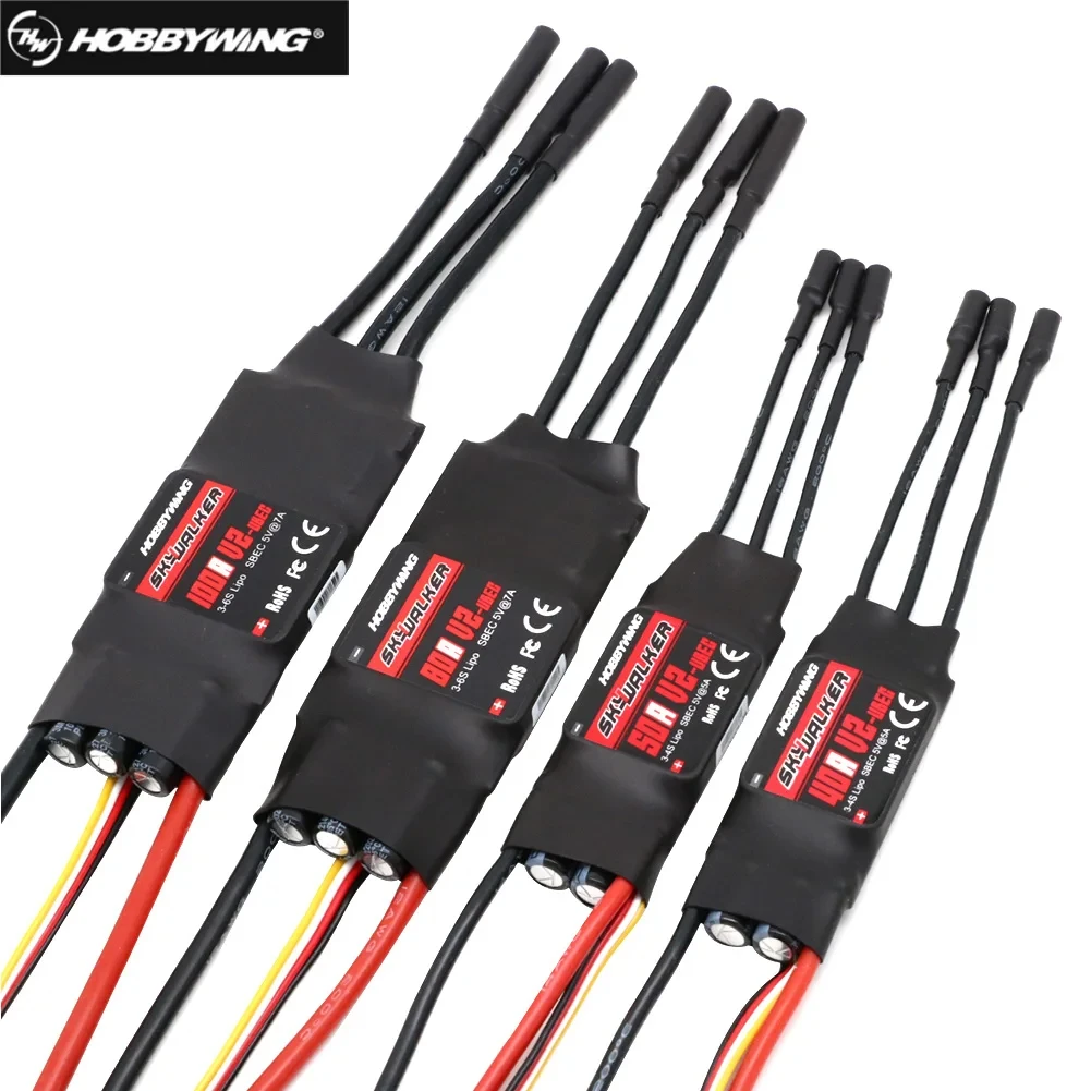 ESC Hobbywing Skywalker V2 100A pour drone FPV, connecteurs XT60 et bornes de moteur bien visibles.
