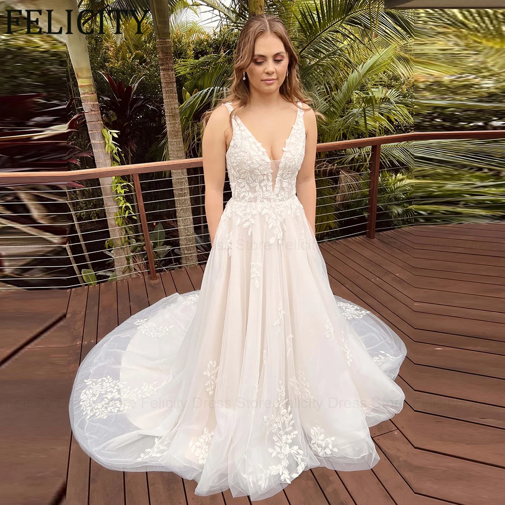 

ANGEL Spaghetti Straps Lace Appliques A Line Wedding Dresses V Neck Sleeveless Backless Sweep Train Bridal Gowns Custom Made