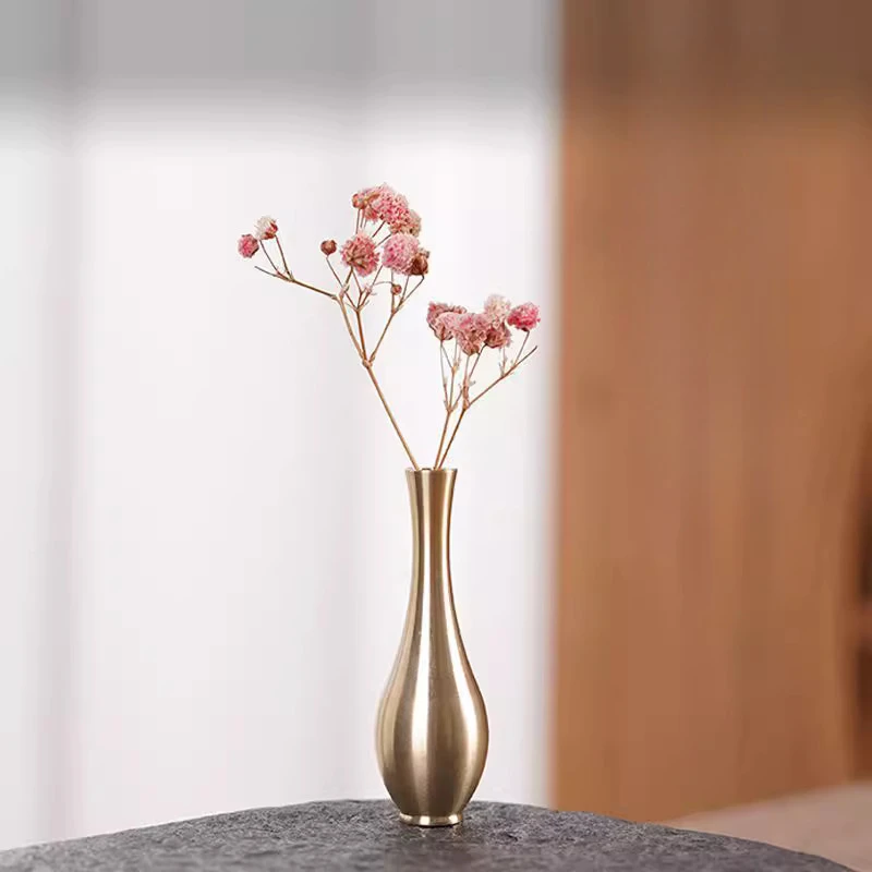Chinese Style Creative Copper Small Vases Ornament, Home Living Room Desktop Decoration, Solid Color, Metal Brass Mini Vase, 1Pc