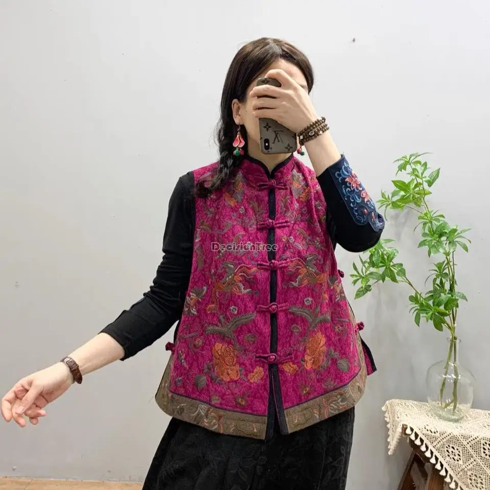 Chinese Retro National Style Flower Embroidery Sleeveless Women Stand Collar Vest Top Cotton Linen