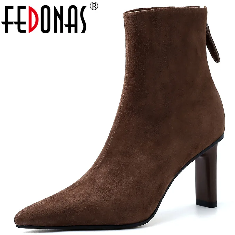 

Женские замшевые ботильоны FEDONAS, ботильоны с острым носком на высоком каблуке, элегантные офисные ботильоны на осень и зиму