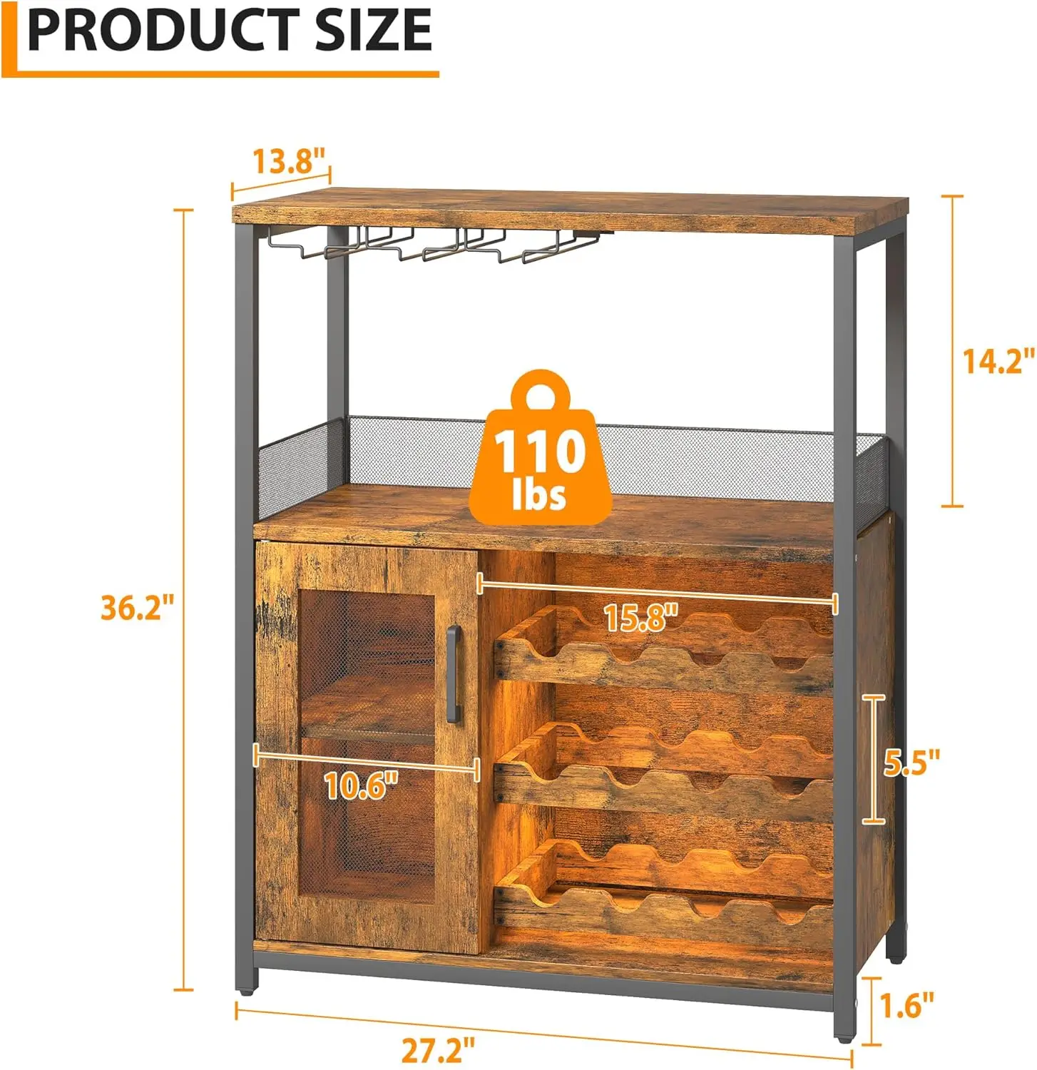 UK Bar Cabinet, Wine Rack Cabinet with Detachable Wine Rack, Adjustable Shelves Coffee Bar Cabinets with Mesh Door and Baffle De