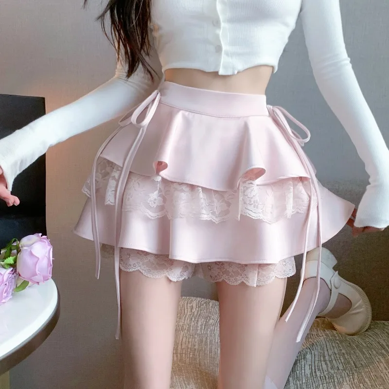Ruffle Mini Skirt Women Summer Fashion Thin High Waist Bandage Lace Shorts Skirts Girls Cute Sweet Lolita Style Clohing Y2k 3