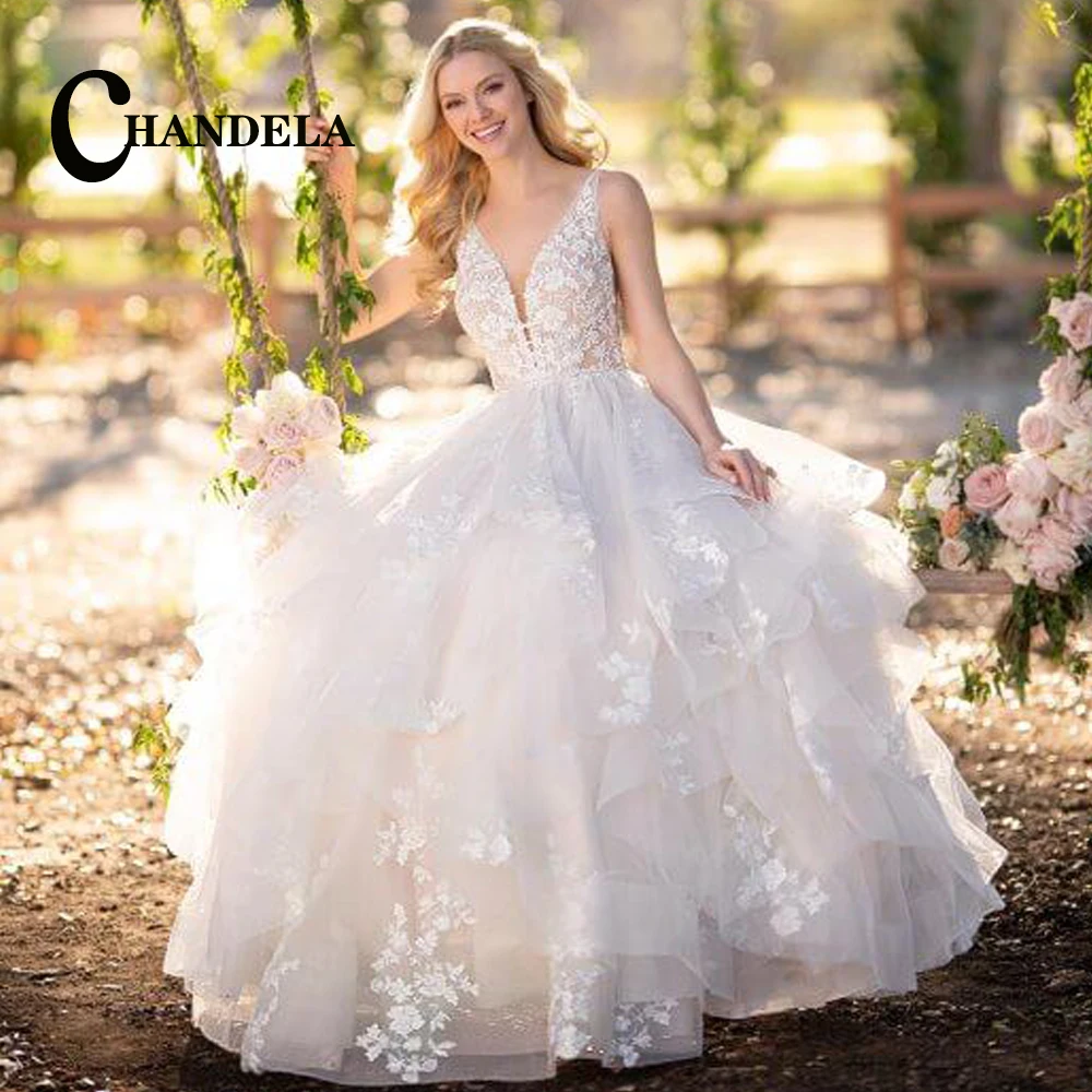 CHANDELA Romantic Wedding Dresses Scoop Tank Layered Appliques Backless