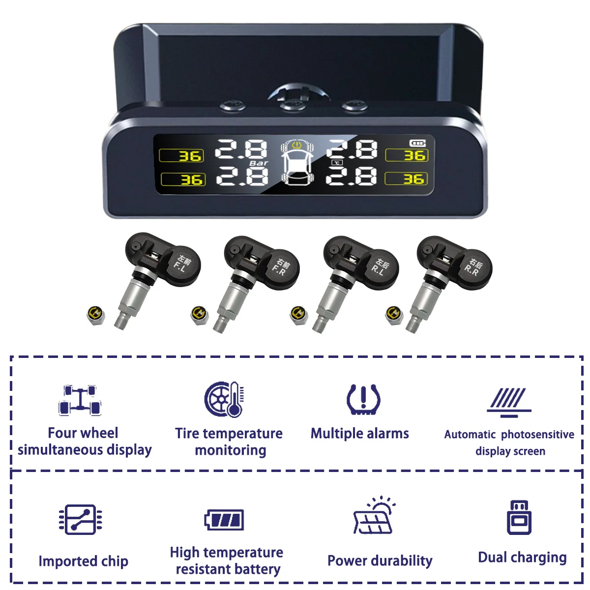 TPMS 타이어 압력 모니터링 시스템 태양 내부 외부 센서, 실시간 디스플레이 온도 압력 자동차 SUV MPV 