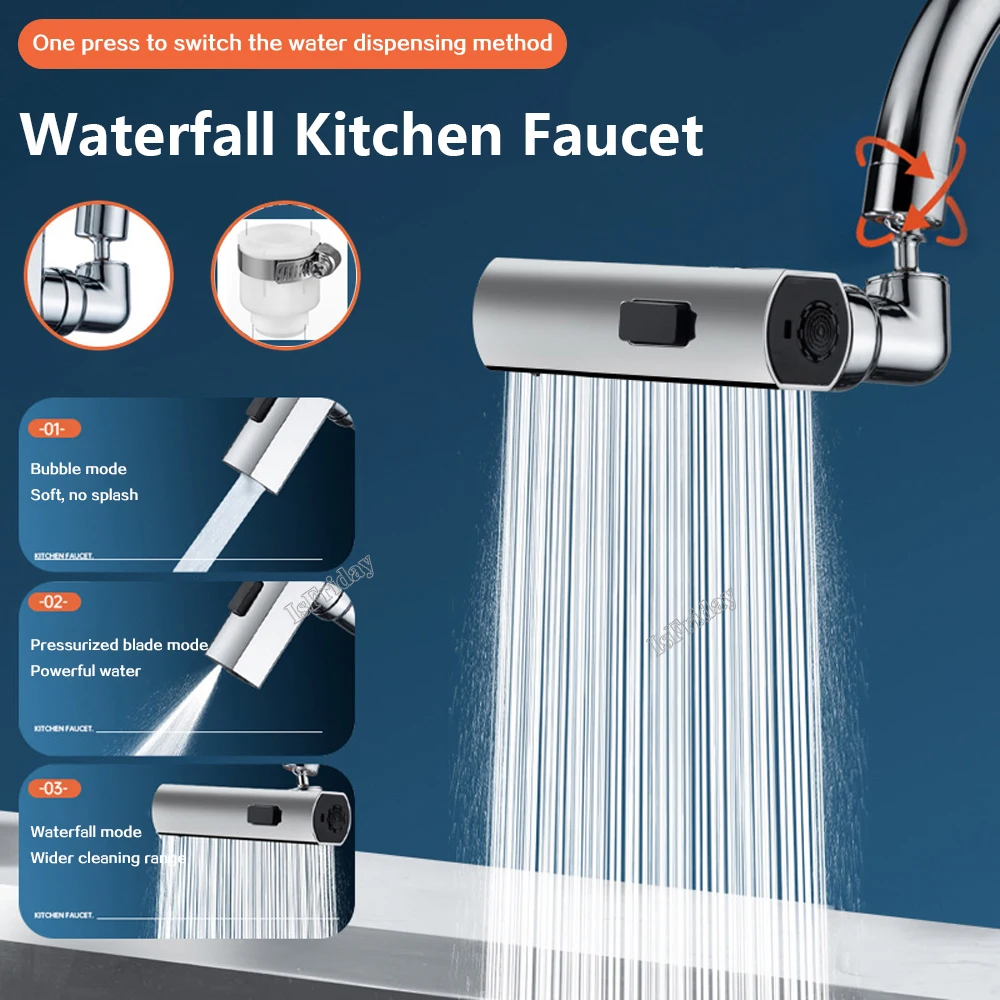 

Waterfall Kitchen Faucet 3 Speed Water Outlet Universal Faucet Multifunctional Rotating Nozzle Anti Splashing Foaming Wiping
