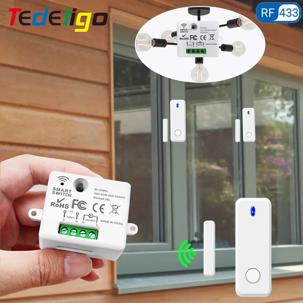 Tedeligo 433MHz Door Window Sensor Switch Wireless Light Switch,110V 220V 10A Relay Remote Control Switch for Home Lamp ON OFF