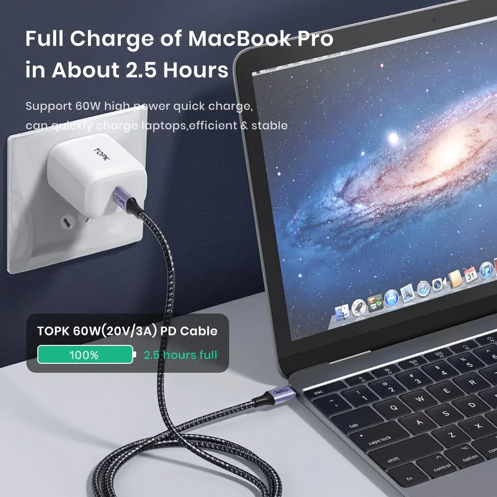 USB C Charger Cable 60W PD Fast For MacBook Pro Samsung Xiaomii