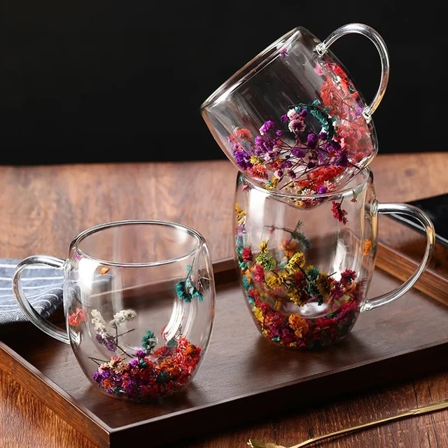 Glass Cup With Flowers Double Wall Glass Cup 350ml Coffee Cup Double Wall Glass  Mug Dried Flowers In Glass Transparent Glass Cup - Glass - AliExpress