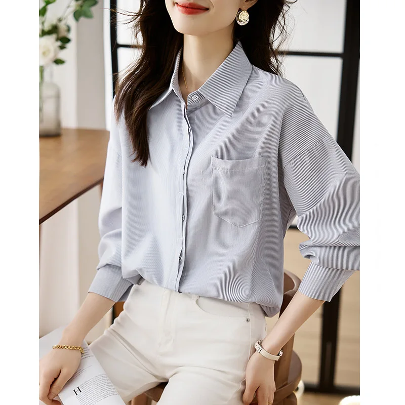 Women Solid Gray Casual Loose Shirts Spring Long Sleeve Pockets Turn-down Collar Striped Office Work Basic Blouses Female Top