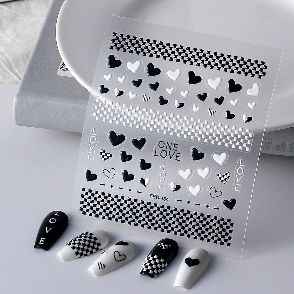 Black White Heart 5D Embossed Nail Sticker Nail Art Supplies Cartoon Butterfly Sticker Nail Art Decals Press on Nails Manicure