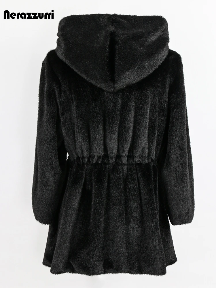 

Nerazzurri Winter Black Thick Warm Soft Faux Mink Fur Coat Women with Hood Drawstring Plus Size Fluffy Jacket 5xl 6xl 7xl 2022