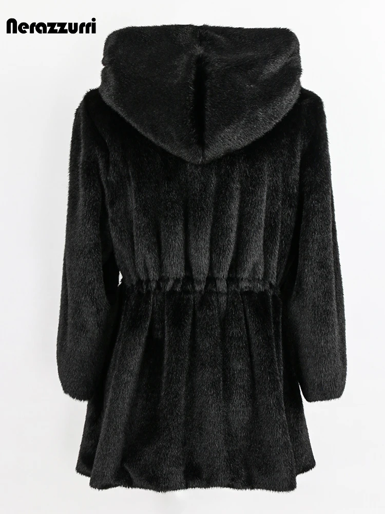Nerazzurri Winter Black Thick Warm Soft Faux Mink Fur Coat Women with Hood Drawstring Plus Size Fluffy Jacket 5xl 6xl 7xl 2022