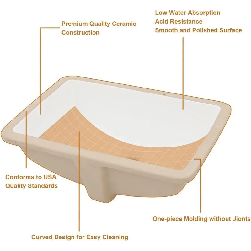 Undermount Bathroom Sink 18x14 Inch White Rectangular Ceramic Bathroom Sink Deep Basin with Overflow Vanity Basin Hand Basin 5