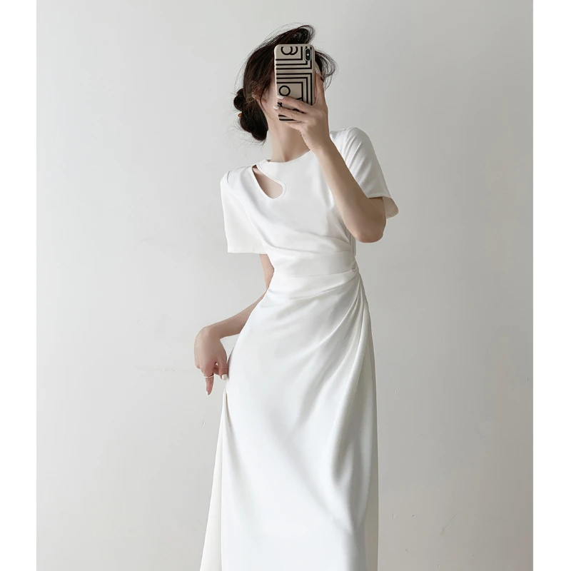 

2023 Summer Fashion Women's Midi Dress White Slim O-neck Short Sleeve Casual Dress Female Hollow Out Ladies Clothes New