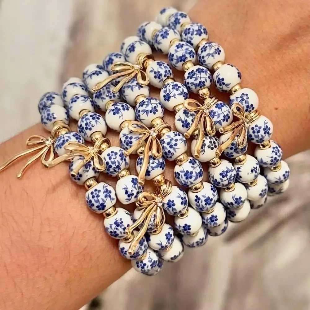 Elastic Blue and White Porcelain Bracelet Ceramics Metal Beads Beads Bracelets Vintage Antiquities New Chinese Style Bracelet