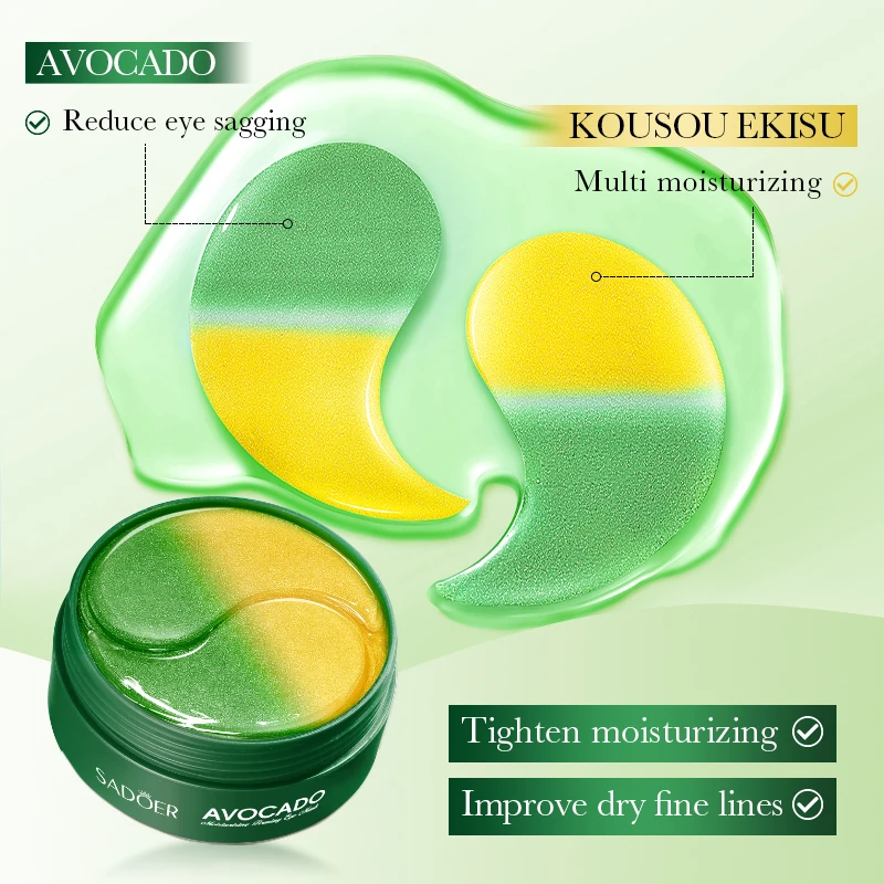 60pcs SADOER Avocado Eye Mask Anti Dark Circles Eyes Bags Remover Wrinkles Firming Moisturizing Hydrating Patches Skin Care