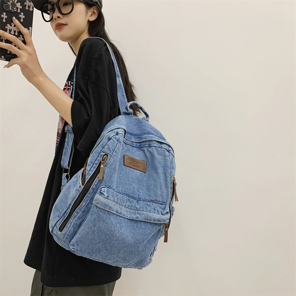 Denim school backpack view 6