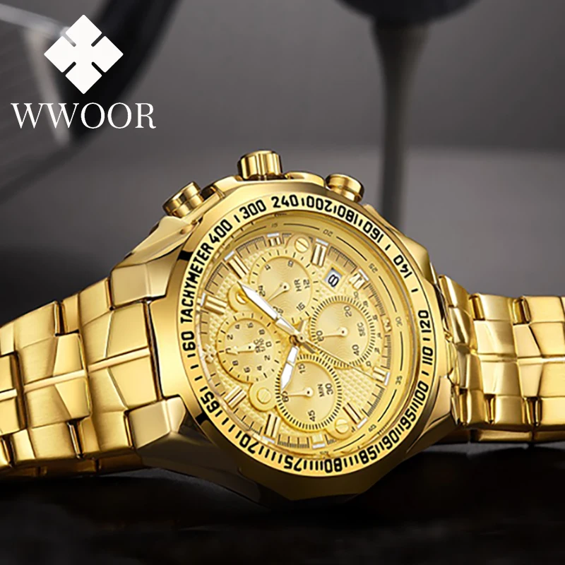 Fashion Sport Chronograph Watch For Man 2023 WWOOR Top Brand Luxury Gold Quartz Watch Men Stainless Steel Waterproof Wrist Watch