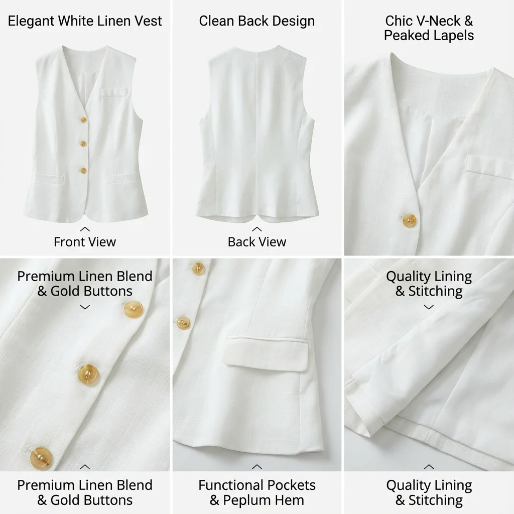 Damenweste aus Leinenmischung, ärmellose Button-Down-Weste mit V-Ausschnitt, leichte, maßgeschneiderte Anzugweste für Business-Casual-Büro – Detail 3