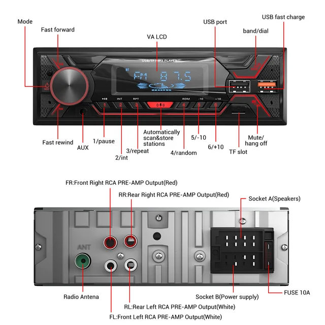ESSGOO Car Radio 1 din Stereo Multimedia MP3 Player Digital Bluetooth FM ISO Power Aux Input USB Bluetooth Universal Autoradio - Image 6