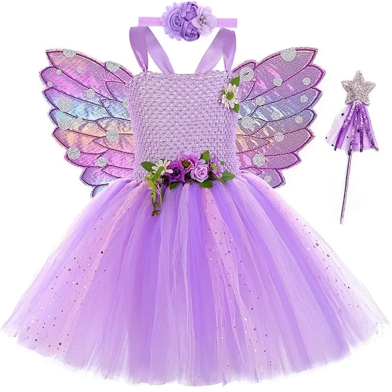 thumbnail image 1 of Vestido de tul con tutú de hada y mariposa de lavanda para niñas, disfraz con alas para fiesta de cumpleaños de carnaval, vestido de princesa de tul, vestido de baile, 1 of 5