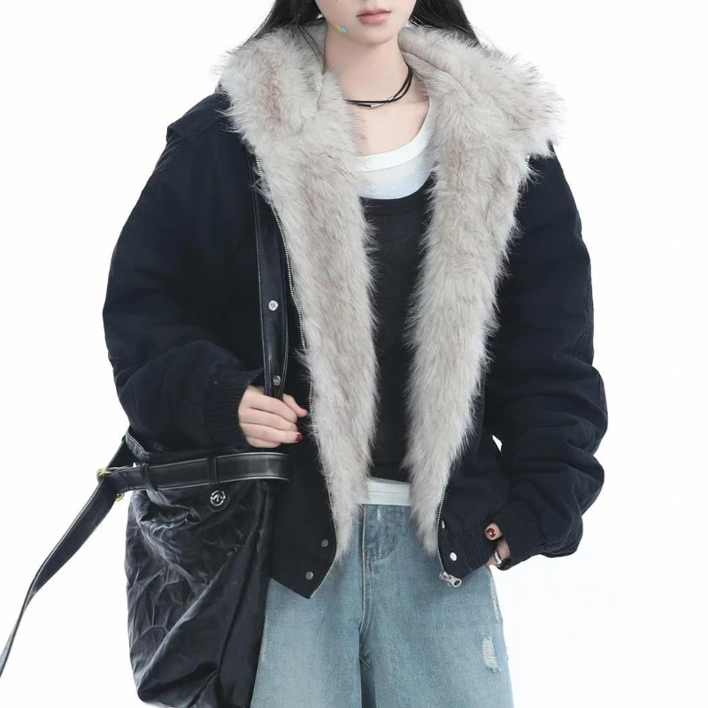 American Harajuku Warm Jacket Mens and Womens Retro Simple Plush Jacket with New Loose Leather Motorcycle Punk Fur Collar Jacket