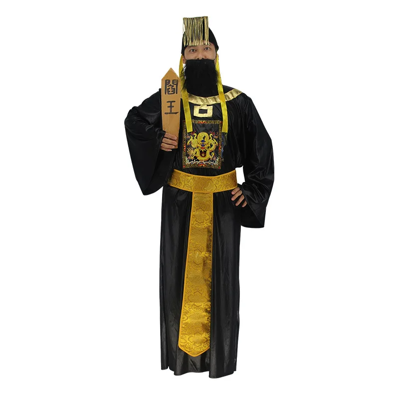 Funny Hell Performance Props Yama Judge Costume Robe Headdress Belt 3pcs Party Halloween Costumes Fit H165-185cm