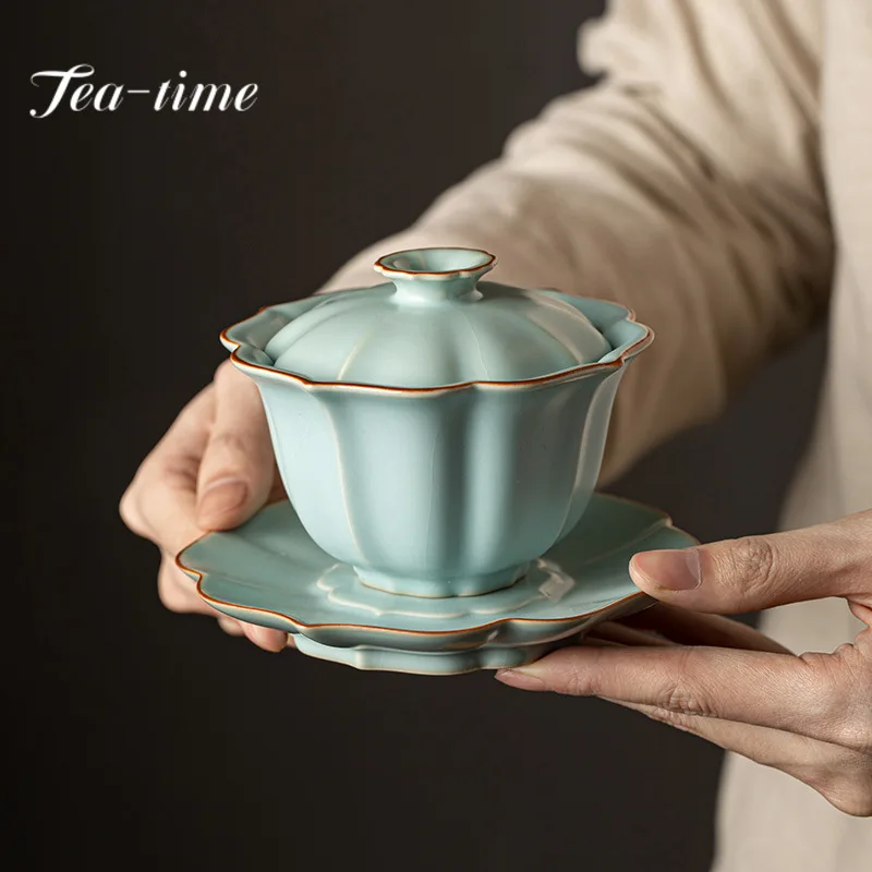 Imitation Song Dynasty Azure Ru Kiln Gaiwan Porcelain Bowl Tea Bowl Tea Tureen Brewing Cover Chinese Set 155ml Gift