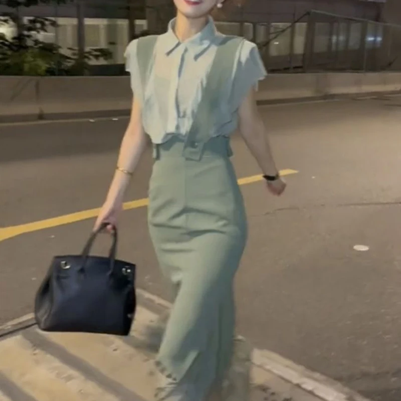 

Summer Solid Color Matching Sets POLO Collar Flying Sleeve Button Shirt Straps Zipper Patchwork Lace Patchwork Fishtail Skirt