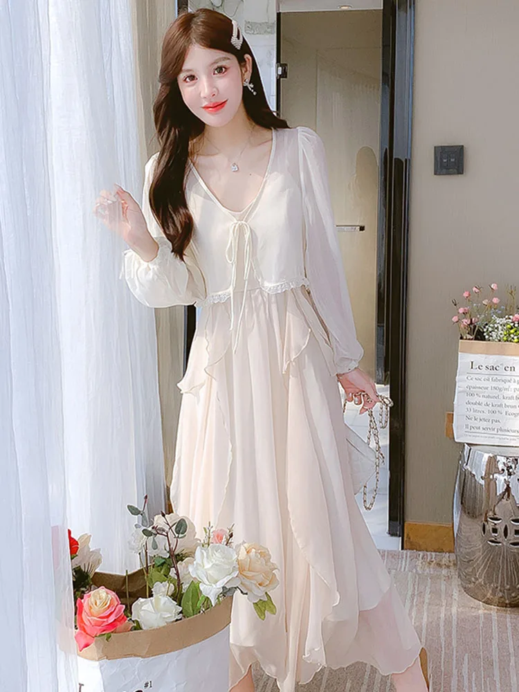 

Women Summer Dress Sets Temperament Super Fairy Holiday Beach Dress Long Strap A-line V-neck Large Hem Long Dress D3582