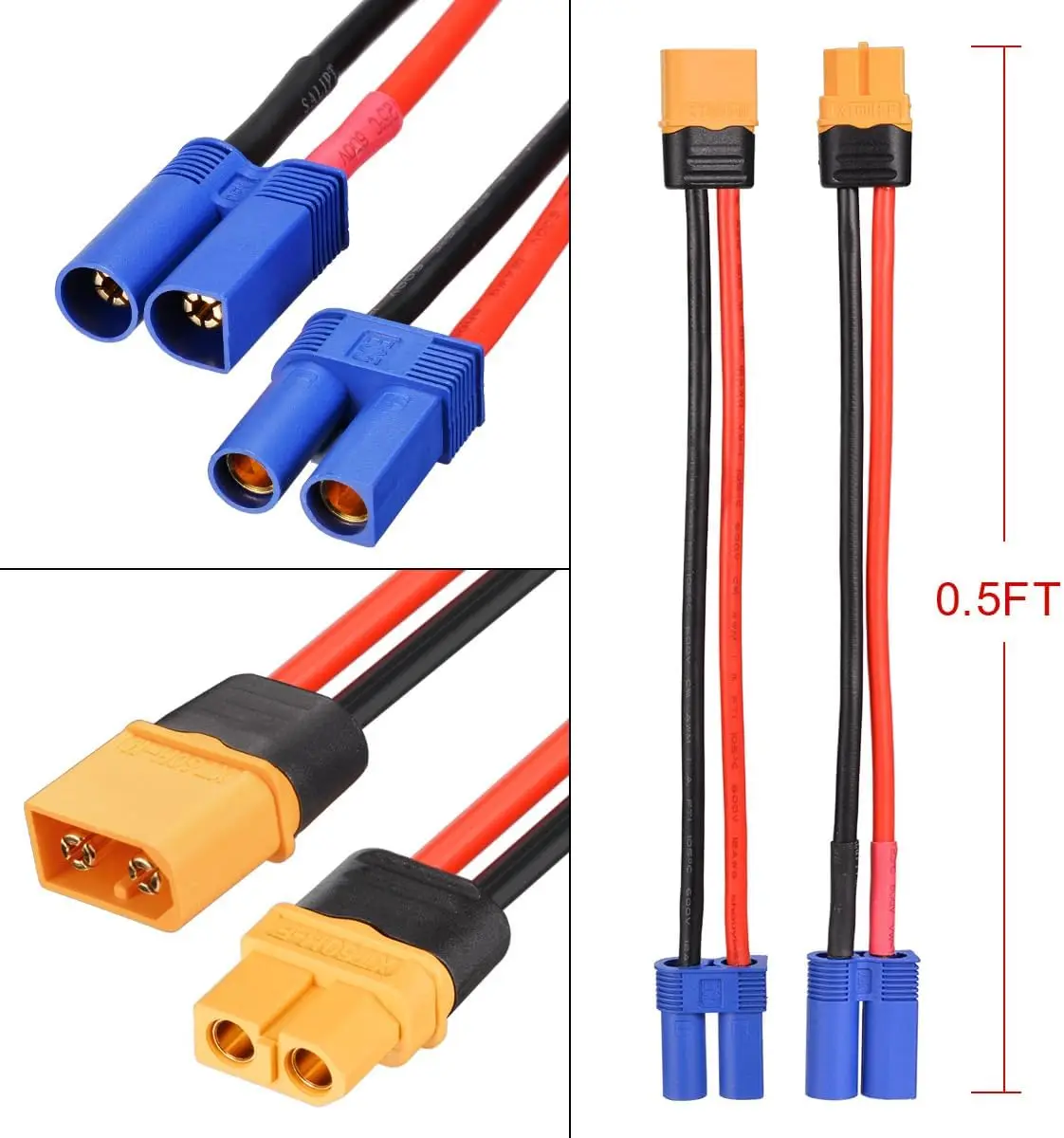 XT60-EC5 남성-여성 어댑터 12AWG 2쌍 XT60 여성-EC5 남성 플러그 및 XT60 남성-EC5 여성 플러그 (RC 리포 배터리용)