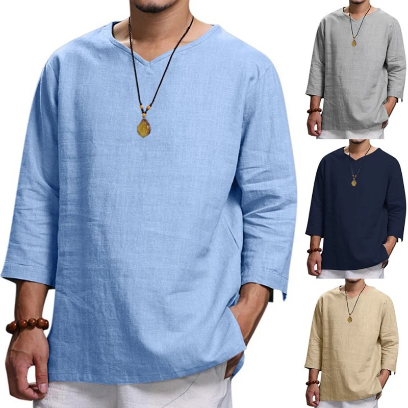 

Men's Long-sleeved V-neck Linen Loose Shirt Solid Color Long Sleeve Casual Loose Men Tops Camisas Para Hombre 2022 Summer New