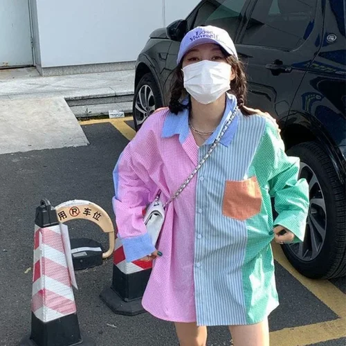 여성용 비대칭 패치워크 블라우스, 한국 패션 단추 업 셔츠, 캐주얼 의류, 긴 소매 Alt 대체 2024 3