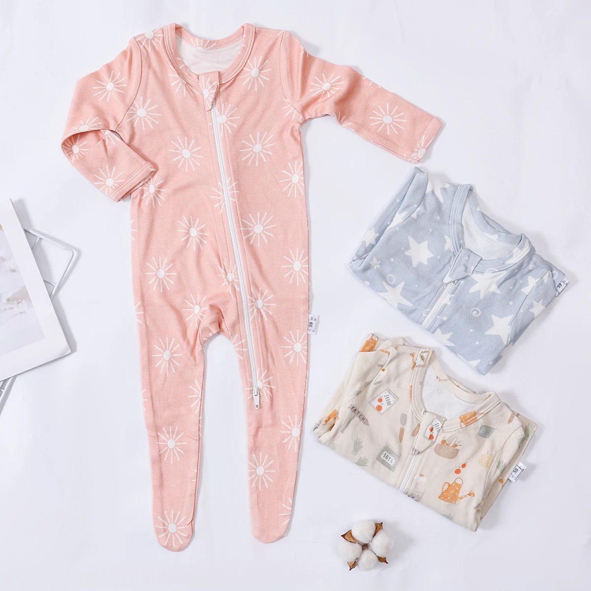 Happyflute Print Cotton Baby Boys Girls Full Sleeve Pajamas Autumn Spring Infant Cartoon Jumpsuit Foot-wrapped for Newborn