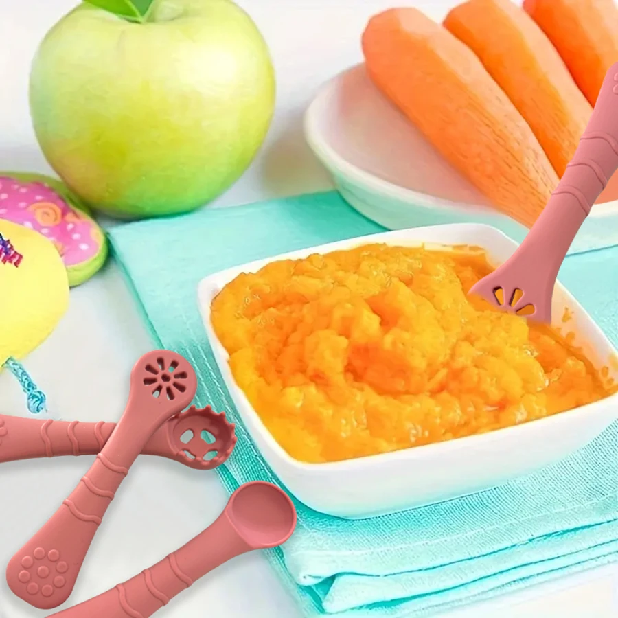 3PCS Cute Baby Learning Spoons Utensils Set Food Grade Silicone Sticky ...