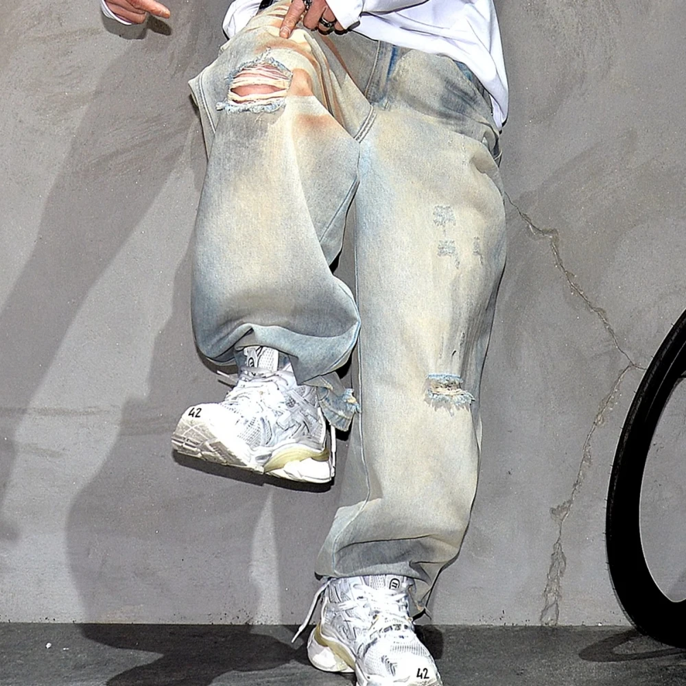 Mens Korean Style Ripped Distressed Loose Fit Jeans Hip Hop Streetwear Vintage Straight Leg Pants Dirty Wash Baggy Trousers Male